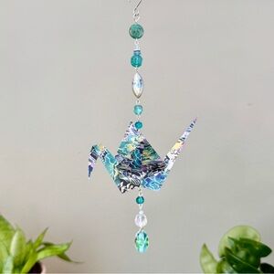 Origami Ornament #2393 - Large Crane with Glass Beads